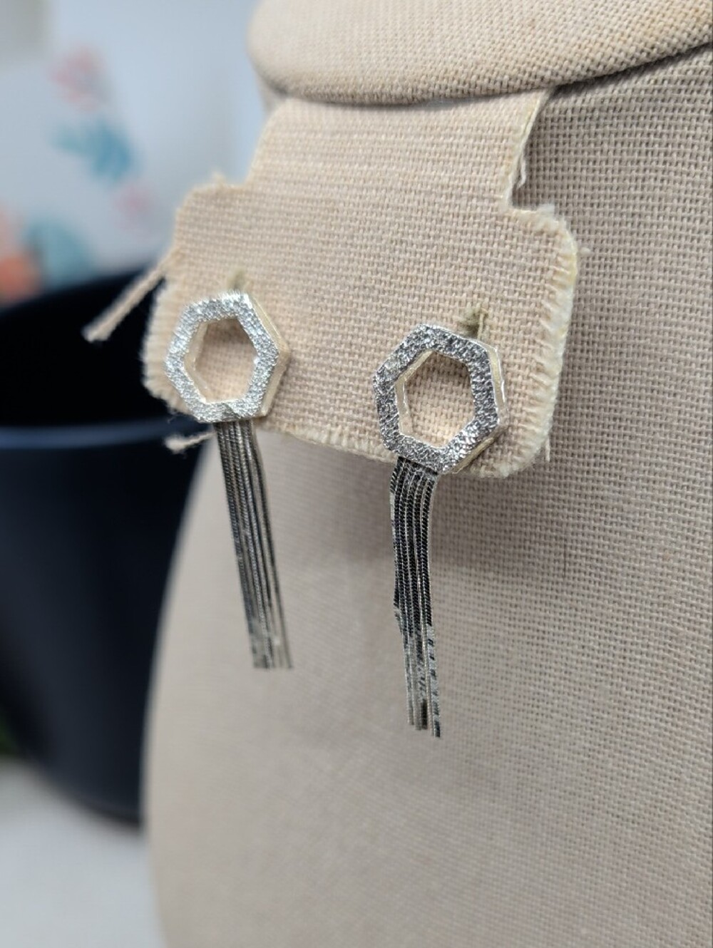 Milor Italy 925 Sterling Silver Hexagon Fringe Tassel Drop Earrings Vintage - Picture 6 of 17